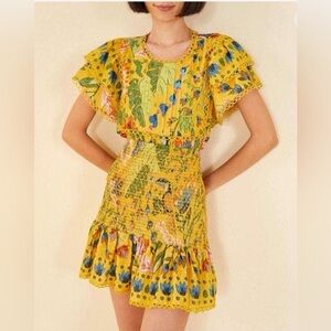 Farm Rio Summer Garden Ruffle Mini Skirt Smocked Floral Size M Yellow Multi